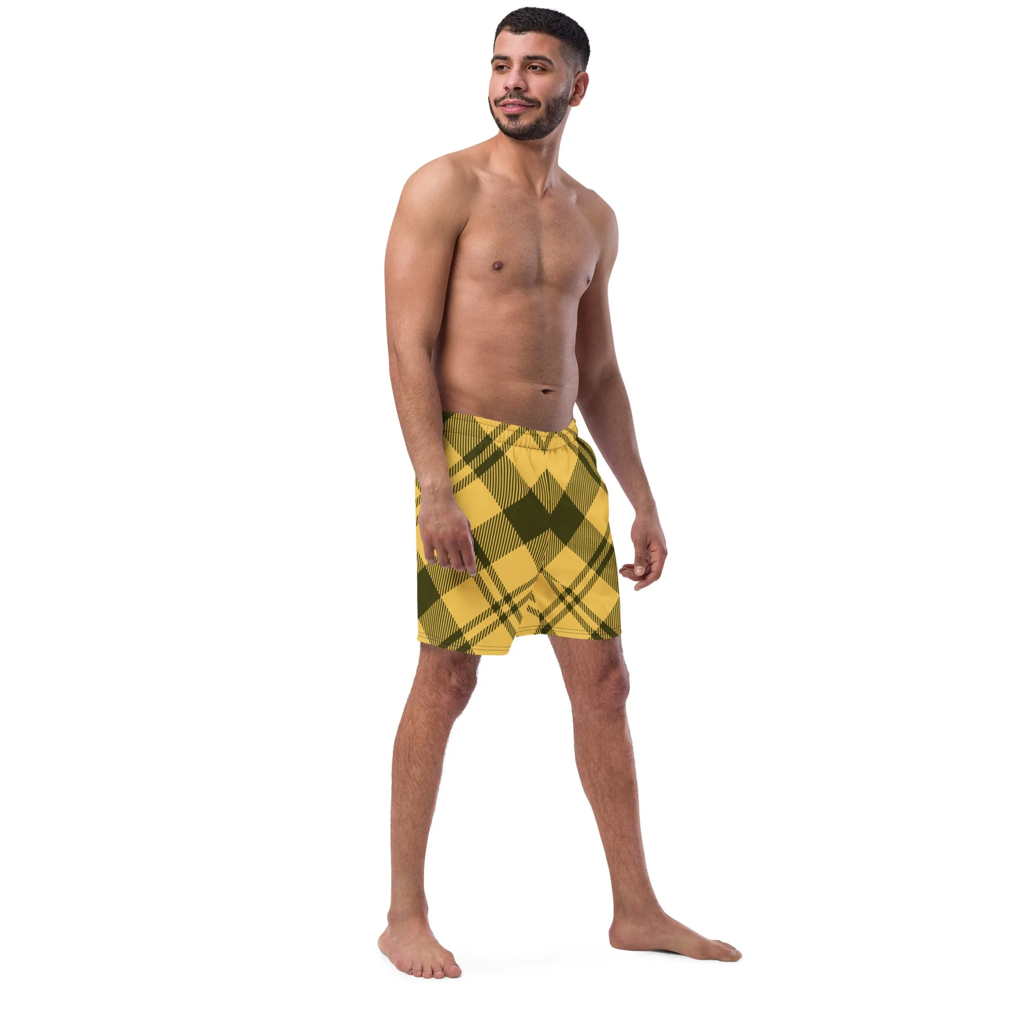 Yellow Plaid Print Men's Swimwear, Tartan Plaid Scottish Style Print Cute Quick Drying Comfortable Swim Trunks For Men - Made in USA/EU/MX