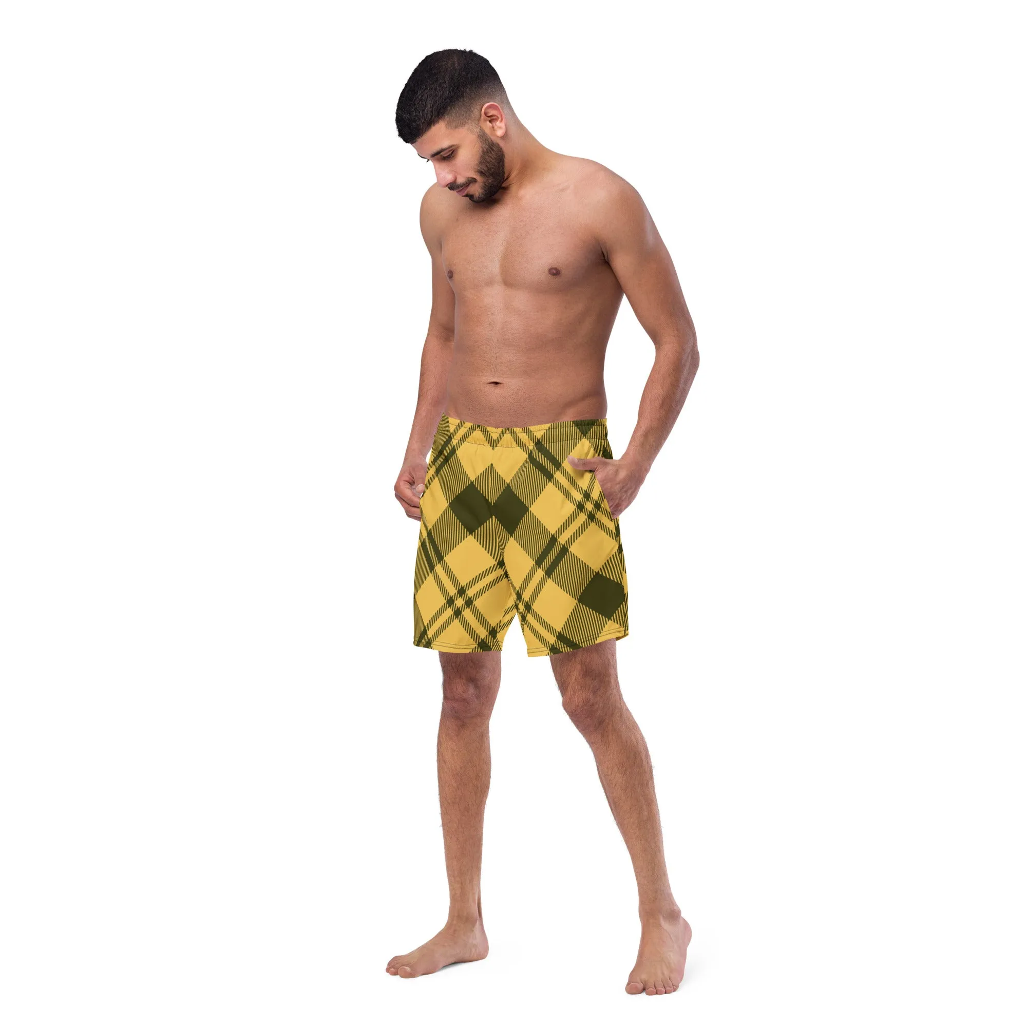 Yellow Plaid Print Men's Swimwear, Tartan Plaid Scottish Style Print Cute Quick Drying Comfortable Swim Trunks For Men - Made in USA/EU/MX