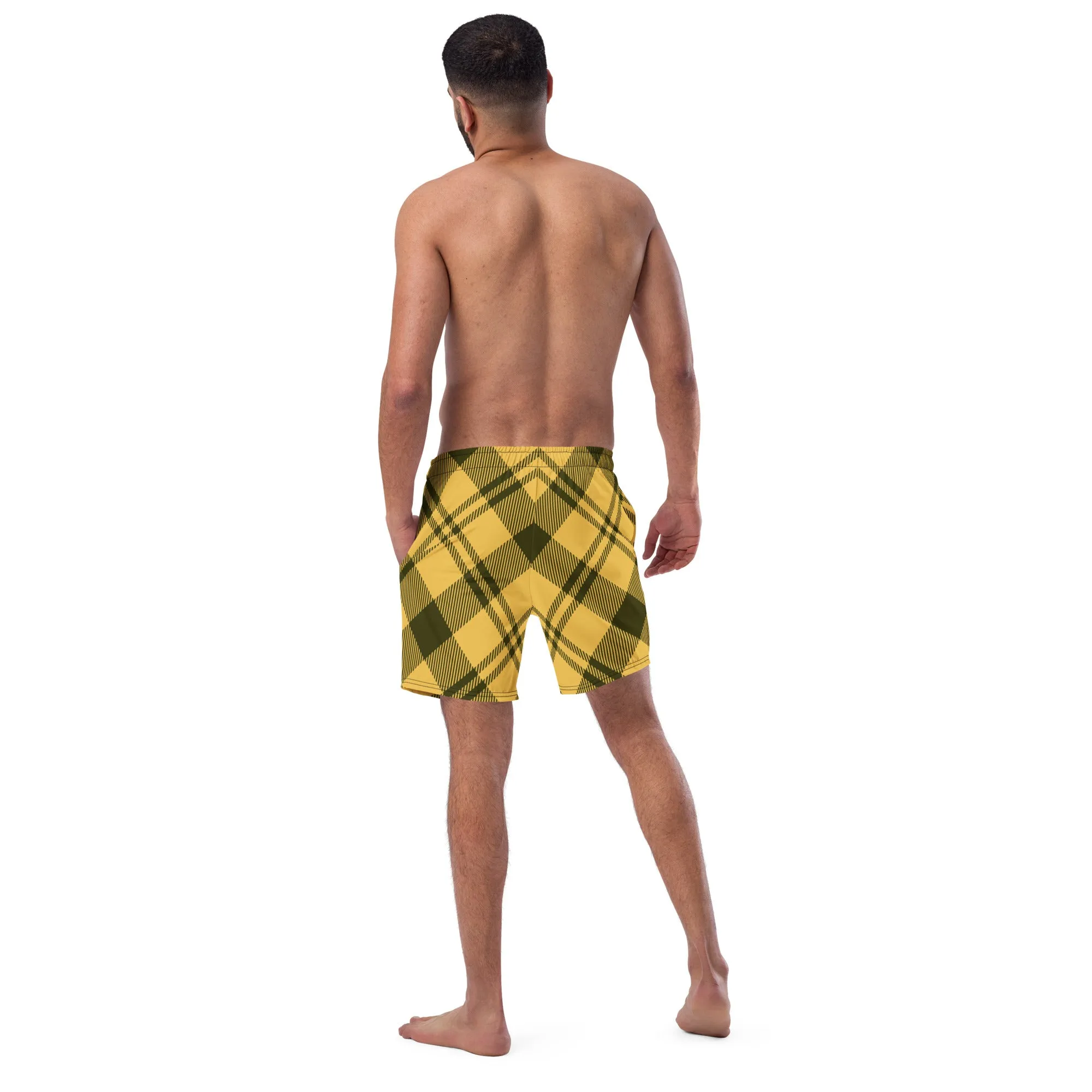 Yellow Plaid Print Men's Swimwear, Tartan Plaid Scottish Style Print Cute Quick Drying Comfortable Swim Trunks For Men - Made in USA/EU/MX