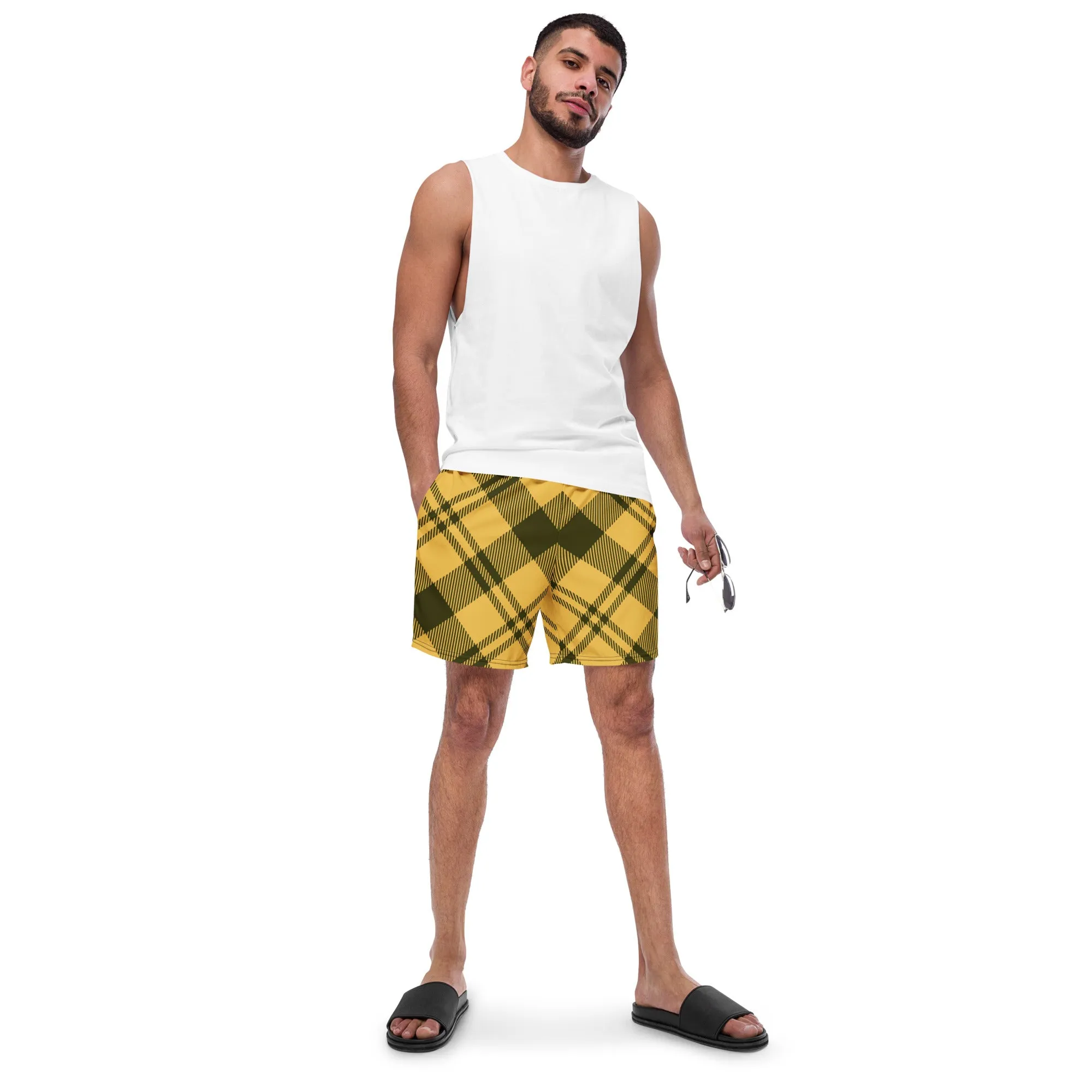 Yellow Plaid Print Men's Swimwear, Tartan Plaid Scottish Style Print Cute Quick Drying Comfortable Swim Trunks For Men - Made in USA/EU/MX