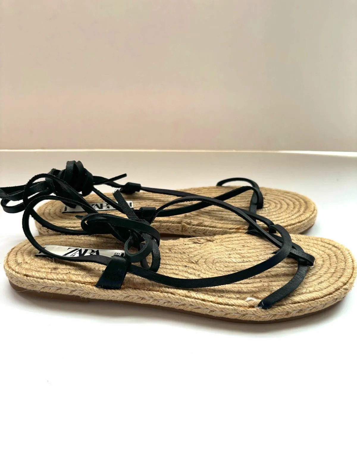 Zara Black Raffia Flat Sandals UK 6